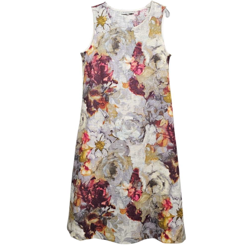 Nwot bryn Walker Linen Gray/Creme Autumn Floral Sleeveless Midi Shift Dress